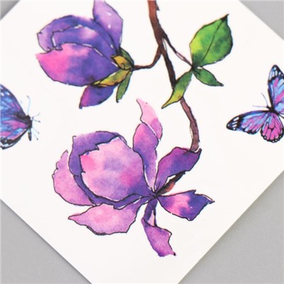 Татуировка на тело цветная "Сиреневые цветы и бабочки" 6х6 см