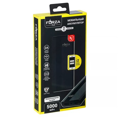 FORZA Аккумулятор мобильный, 5000 мАч, USB, 2А, дисплей, Чёрный