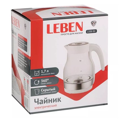 LEBEN Чайник электрический 1,7 л., 2200 Вт., стекло, белый пластик 291-089
