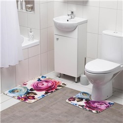 Набор ковриков для ванной и туалета Доляна «Пионы», 2 шт: 39×49, 50×80 см, цвет серый