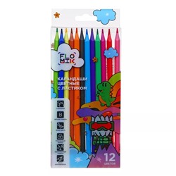 FLOMIK Набор цветных пластиковых стираемых карандашей, ластик, прокрашенный трехгр. корпус, 12 цв.