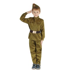 Детский карнавальный костюм "Военный", брюки, гимнастёрка, ремень, пилотка, р-р 30-32, рост 120-130 см