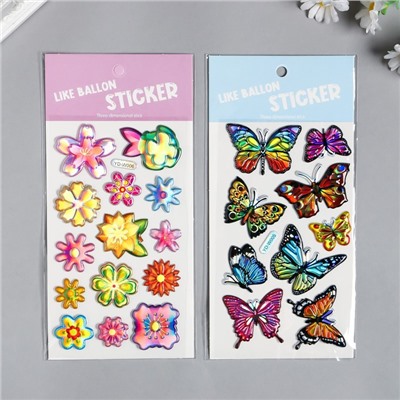 Наклейка пластик голография "Бабочки и цветы" МИКС 23х11 см
