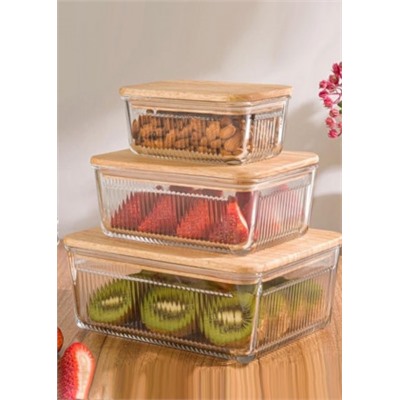 Элегантные,эстетичные стеклянный набор салатников,контейнеров для хранения,с деревянной крышкой из 3 предметов #20955829
