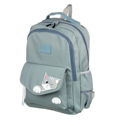 Рюкзак подростковый 43x30x18см, 2 отд., 3 карм. (1 на липучке), апплик.в форме котика, ПЭ, серый