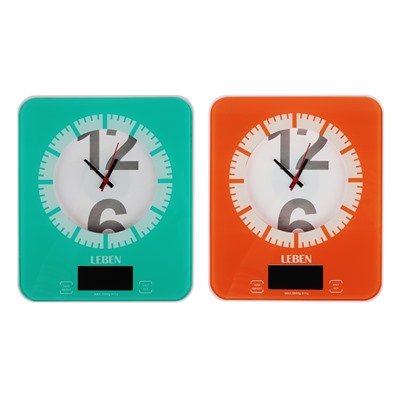 LEBEN Весы кухонные электронные с часами, макс.нагр.до 5кг (точн.измер. 1 гр), пластик, 2 цвета 268-053
