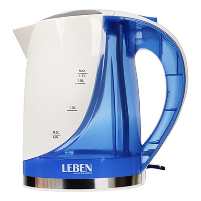 Чайник электрический 1,7 л LEBEN, 1850 Вт, пластик, белый/синий 291-029