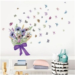 Наклейка пластик интерьерная цветная "Букет полевых цветов с бабочками" 30х90 см