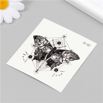 Татуировка на тело черная "Бабочка с геометрией" 8х7,5 см