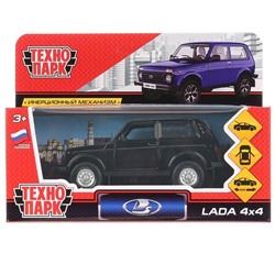 Машина металл LADA 4x4 длина 12 см, двери, багаж, инерц, черный, кор. Технопарк