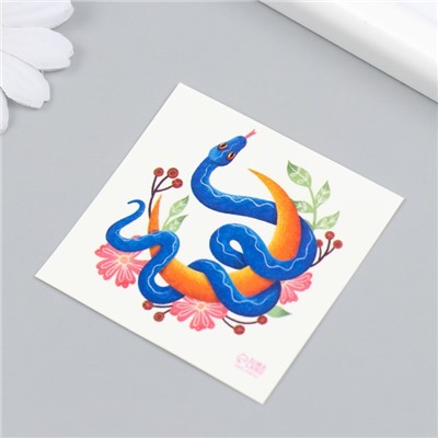 Татуировка на тело цветная "Змея на месяце с цветами" 6х6 см