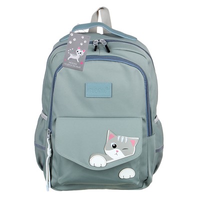 Рюкзак подростковый 43x30x18см, 2 отд., 3 карм. (1 на липучке), апплик.в форме котика, ПЭ, серый