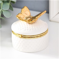Шкатулка керамика "Золотая бабочка. Плетёнка" белая 7х7х7 см