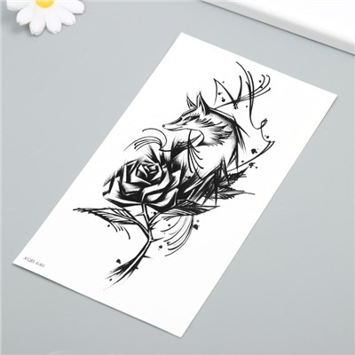 Татуировка на тело чёрная "Лисица с розой" 11,5х21 см
