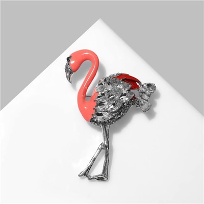 Брошь "Фламинго" с искристым крылом, цвет бело-розовый в серебре