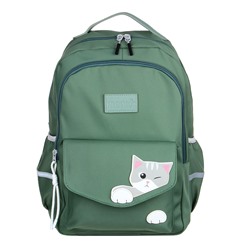 Рюкзак подростковый 43x30x18см, 2 отд., 3 карм. (1 на липучке), апплик.в форме котика, ПЭ, зеленый