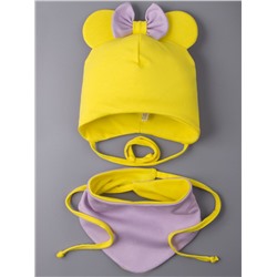 Шапка трикотажная для девочки с ушками на завязках, сверху бант + нагрудник, желтый и сиреневый