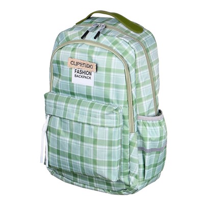 Рюкзак подростковый 45x30x18см, 2 отд., 3 карм., двойная нашивка, ПЭ, принт "шотландка", зеленый тон