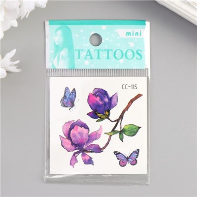 Татуировка на тело цветная "Сиреневые цветы и бабочки" 6х6 см
